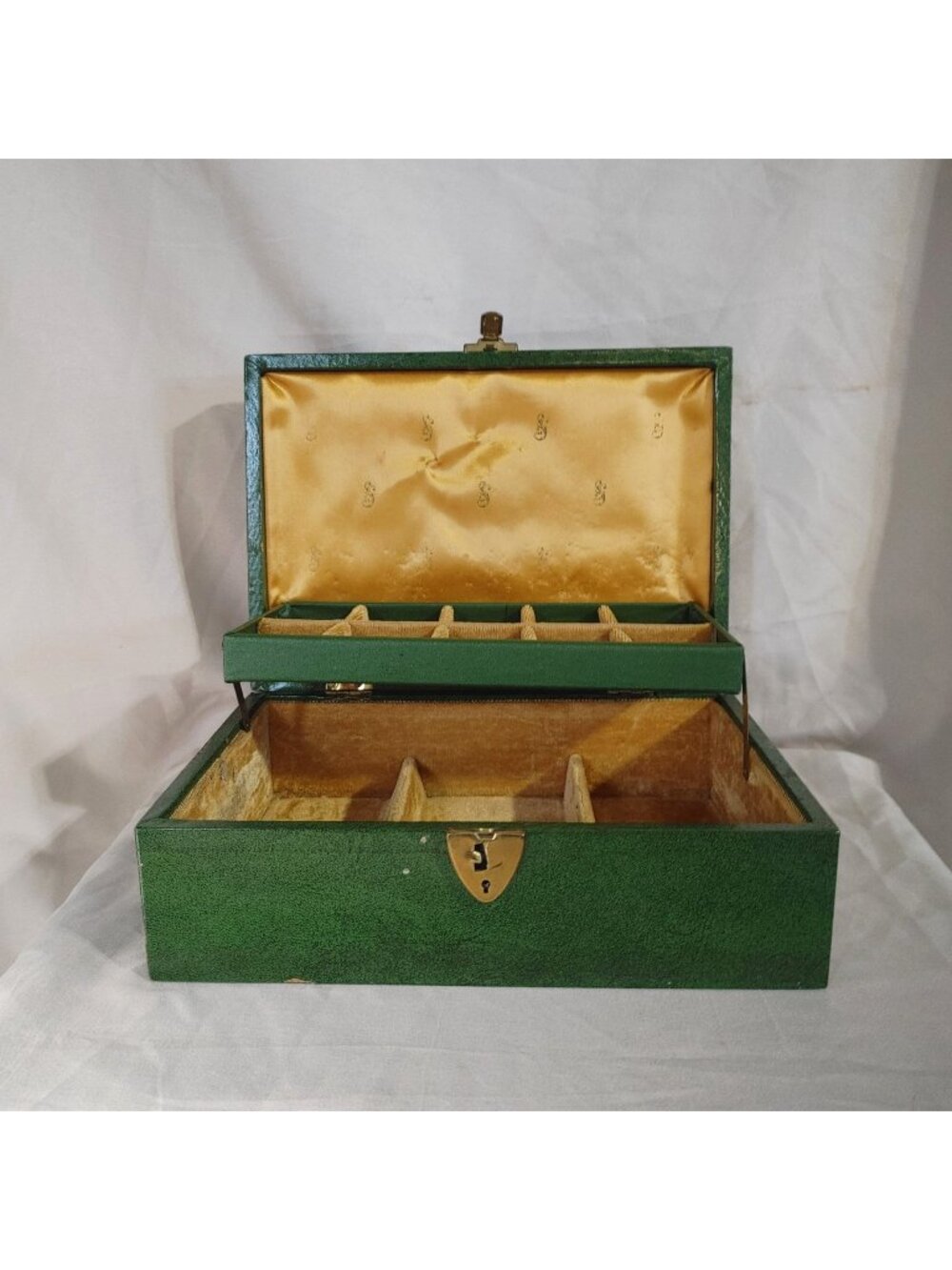 MCM Green Jewelry Box Vintage Keepsake Satin Interior Compartments Gold Trim